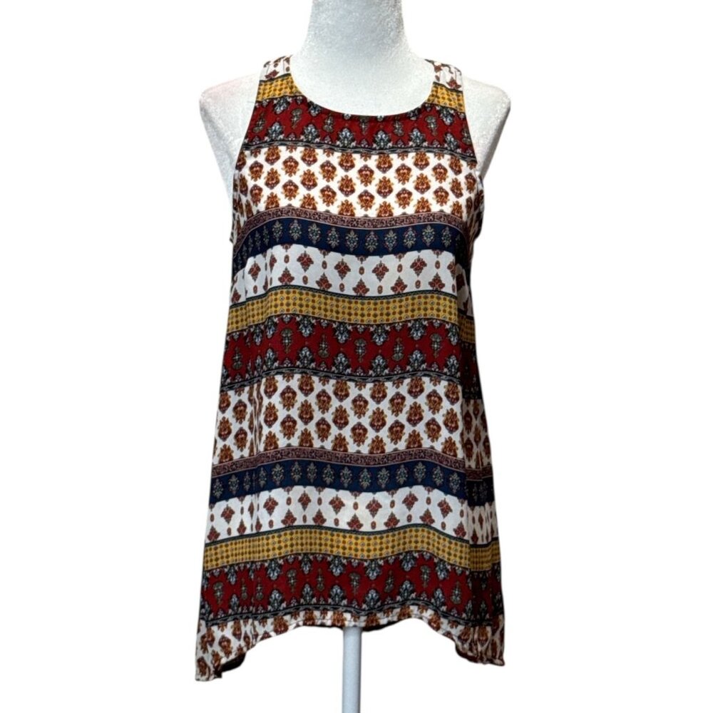 Pink Rose M Colorful Boho Tank Top Geometric Print A-Line Chiffon Red Blue Gold